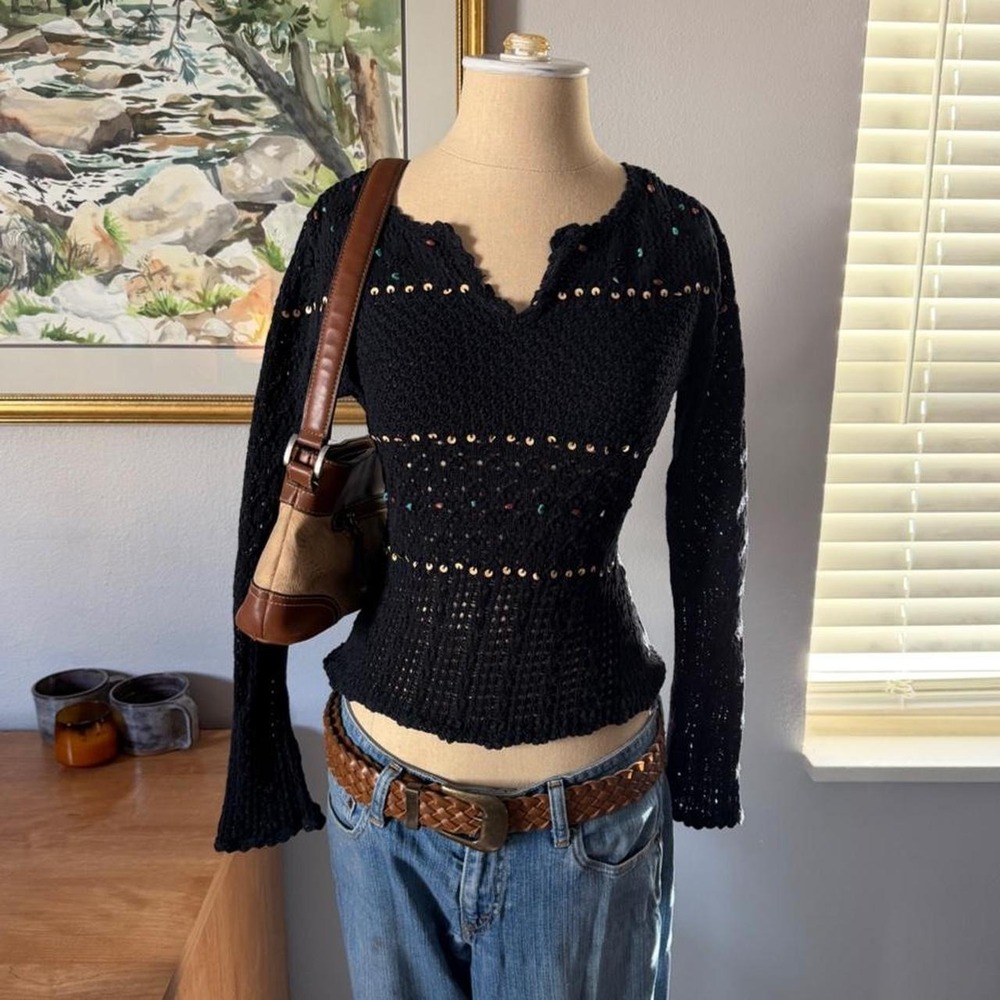 Vintage 90's black knit beaded long sleeve top